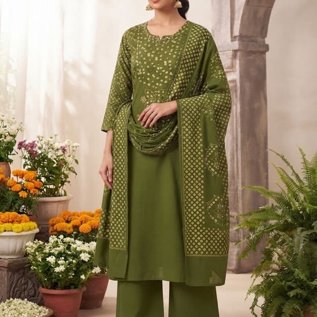 Olive green, muted yellowish-green Salwar Suit with Dupatta