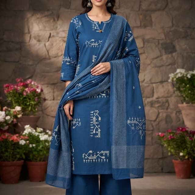 Deep indigo blue with white block-printed motifs Kurta Set with Dupatta
