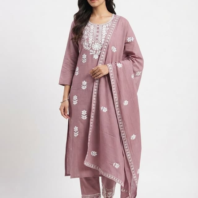 Mauve and White Kurta Set