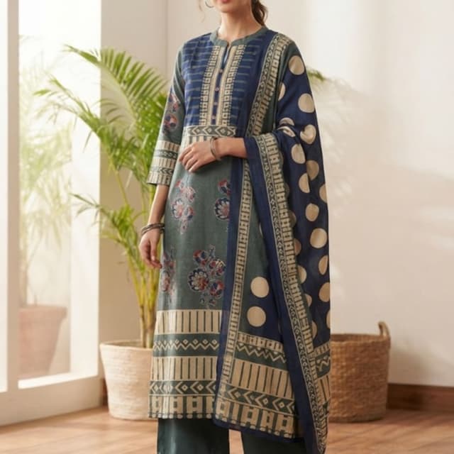 Navy Blue, Sage Green, Beige Salwar Kameez Set