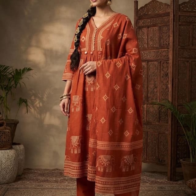 Burnt Orange, Rust, Cream Kurta Set with Dupatta