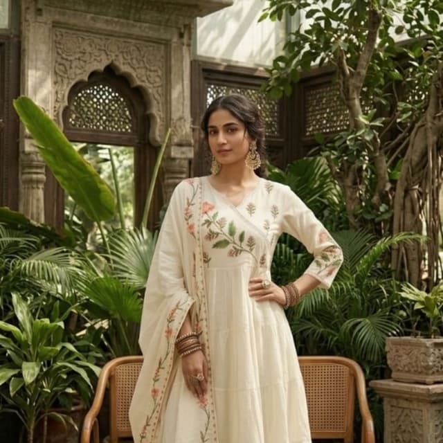 Off-white base with green, soft orange, and peach floral embroidery Anarkali Suit Set