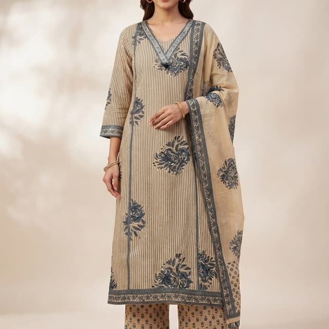 Beige, Grey, Slate Blue Kurta Set with Dupatta