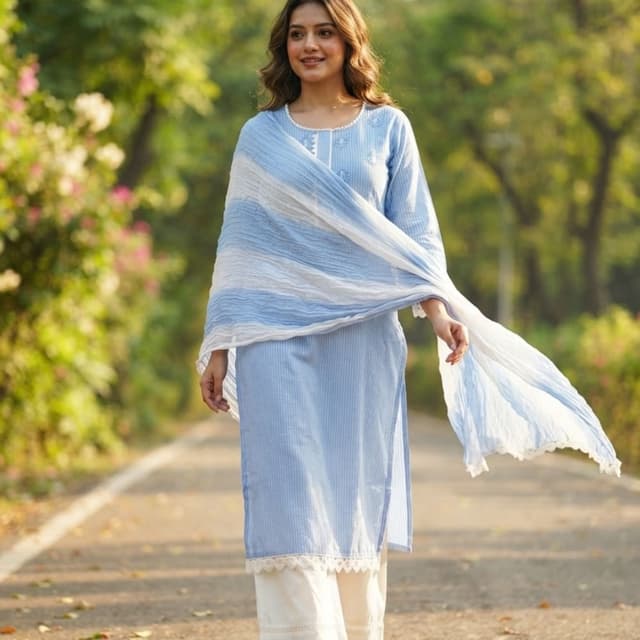 Light Blue and White Kurta Set with Dupatta