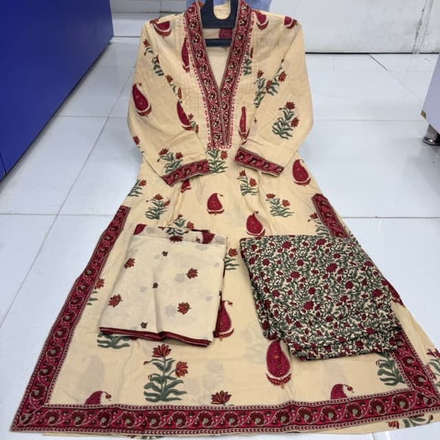 Beige base with maroon and olive green floral motifs Kurta Set with Bottoms