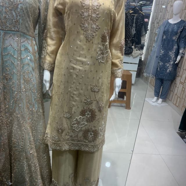 Metallic Gold and Beige Salwar Kameez Suit