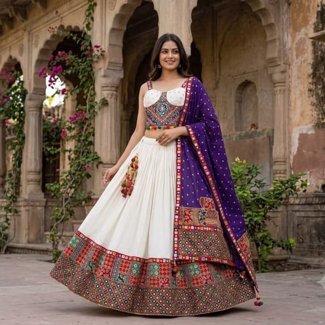 White, Purple, Multi-color (Red, Green, Yellow, Blue) Lehenga Choli