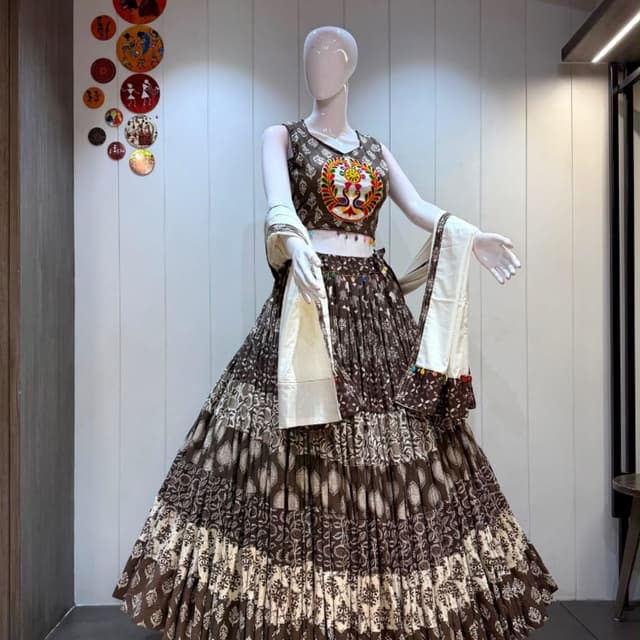 Dark brown, white, and multicolored embroidery accents Lehenga Choli
