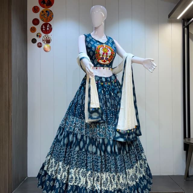 Deep blue, cream/off-white, multi-colored embroidery Lehenga Choli
