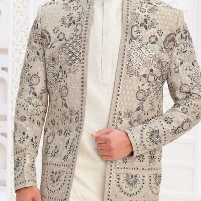 Beige, cream, muted brown, and metallic accents Jodhpuri Jacket / Bandhgala
