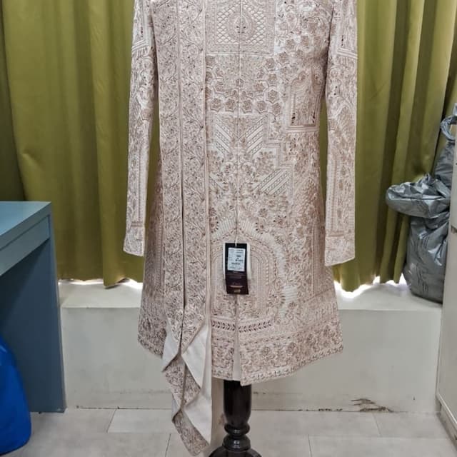 Off-white, cream, and champagne gold embroidery Sherwani