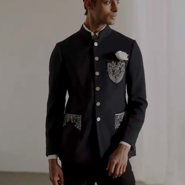 Black with silver and white accents Bandhgala / Jodhpuri Suit