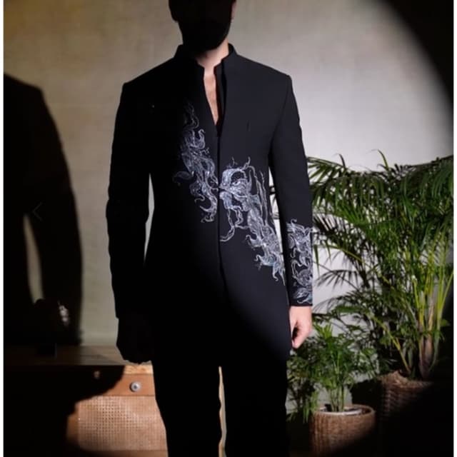Black with silver-white intricate detailing Bandhgala or Indo-Western Blazer