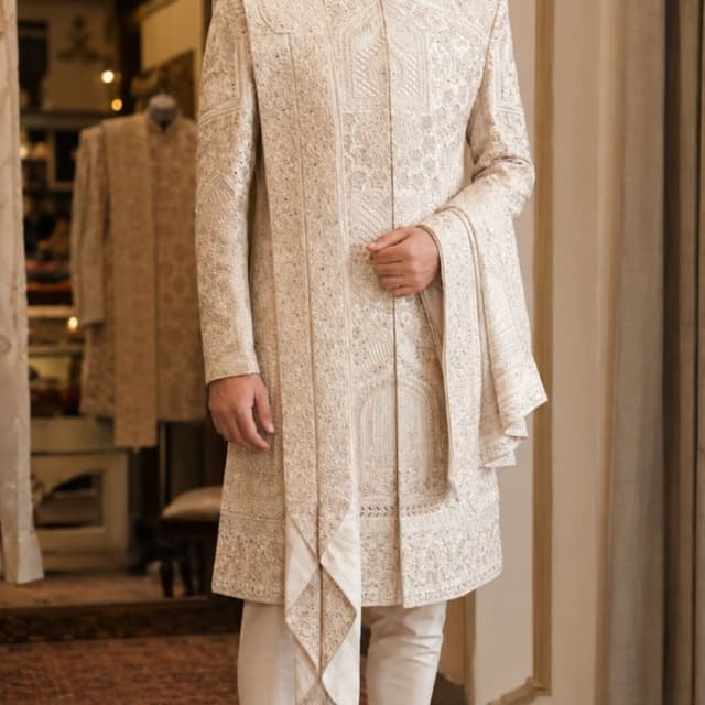 Off-white and Cream Sherwani with Stole and Churidar