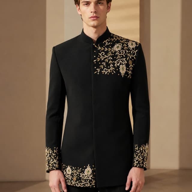 Black base with Gold and subtle Green embroidery Bandhgala/Jodhpuri Suit