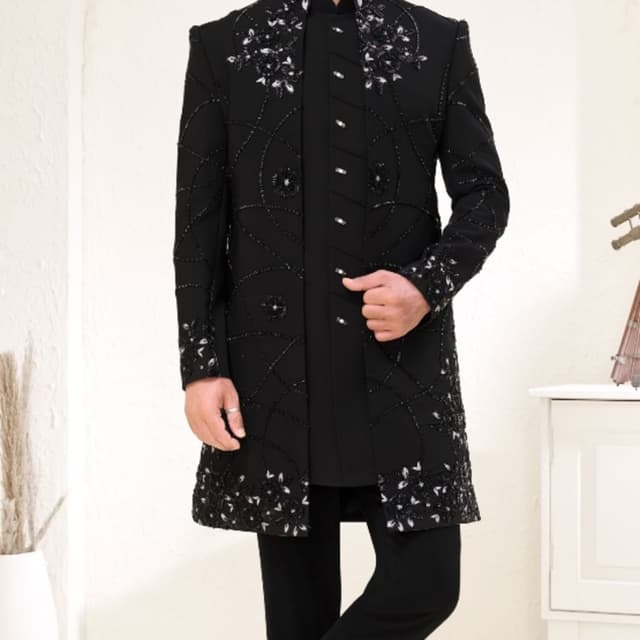 Black with silver/metallic accent embroidery Sherwani Set