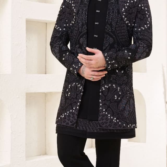 Monochromatic Black Sherwani set with Kurta and Trousers