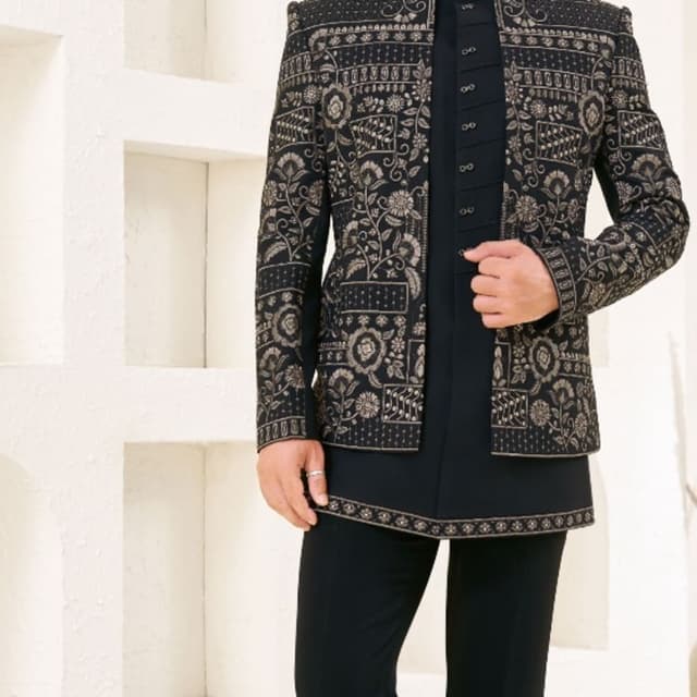 Black with gold/bronze thread work Indo-Western Jodhpuri Set
