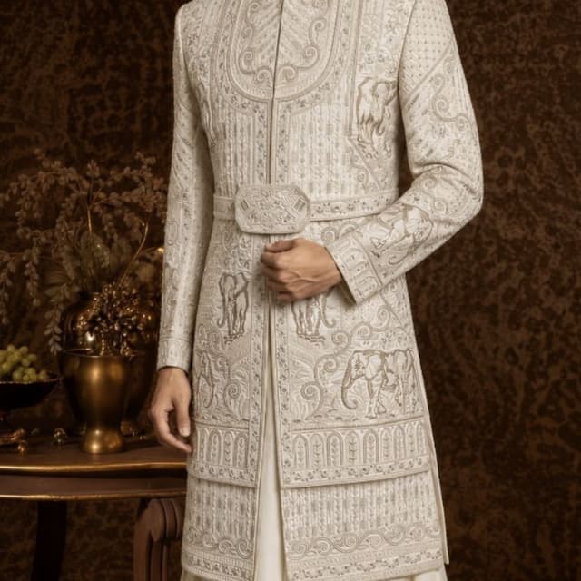Off-white, cream, and champagne gold Sherwani