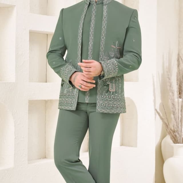 Sage Green, monochromatic shades Indo-Western Suit / Jodhpuri Set