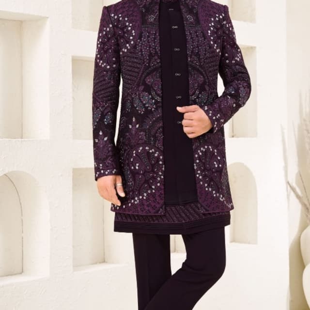 Deep purple, black Sherwani set