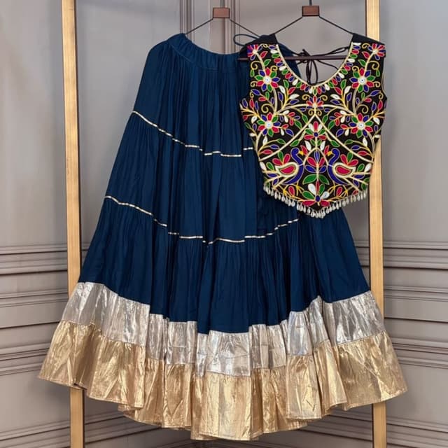 Navy Blue, Black, Multi-color embroidery, Gold and Silver metallic tiers Lehenga Choli