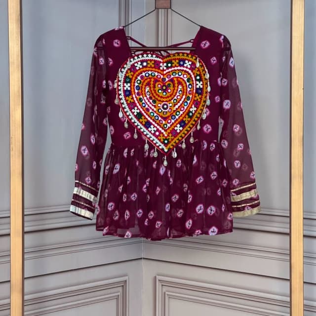 Deep Maroon, Mustard, White, Multicolour accents Top