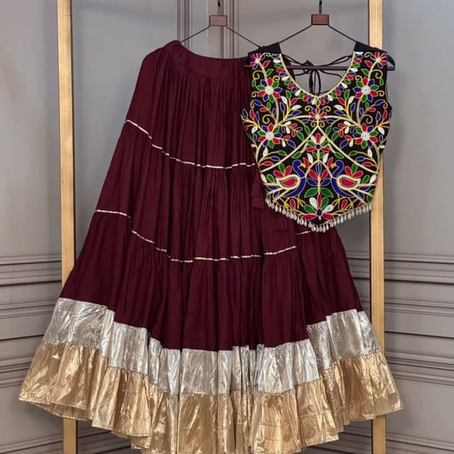 Maroon, Black, Multi-color embroidery, Gold, Silver Lehenga Choli