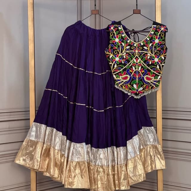 Purple, Black, Gold, Multi-color floral thread work Lehenga Choli