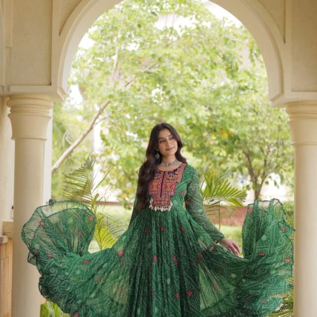 Deep green with multi-colored embroidery (pink, orange, blue, white) Anarkali Dress