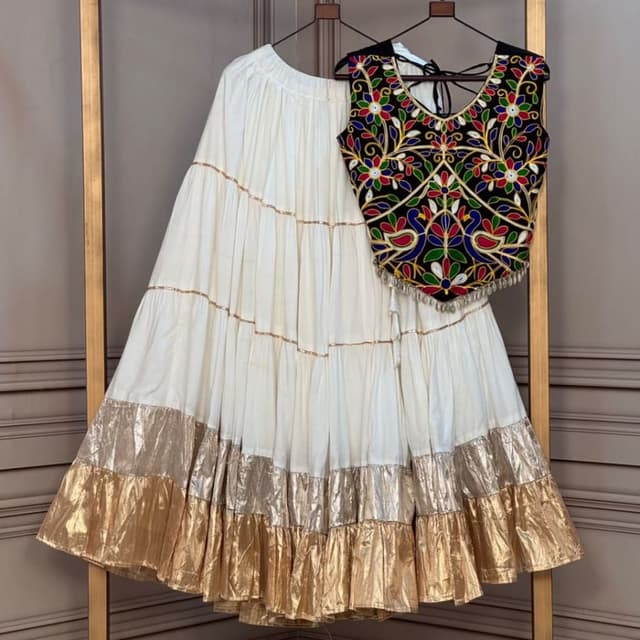 Off-white, black, gold, and multi-colored embroidery Lehenga Choli