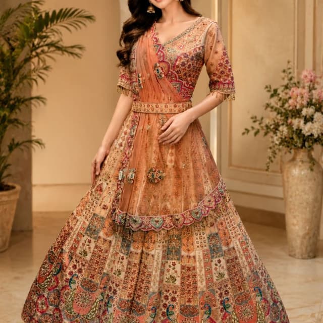 Peach, Orange, Multi-color floral and geometric accents Lehenga Choli