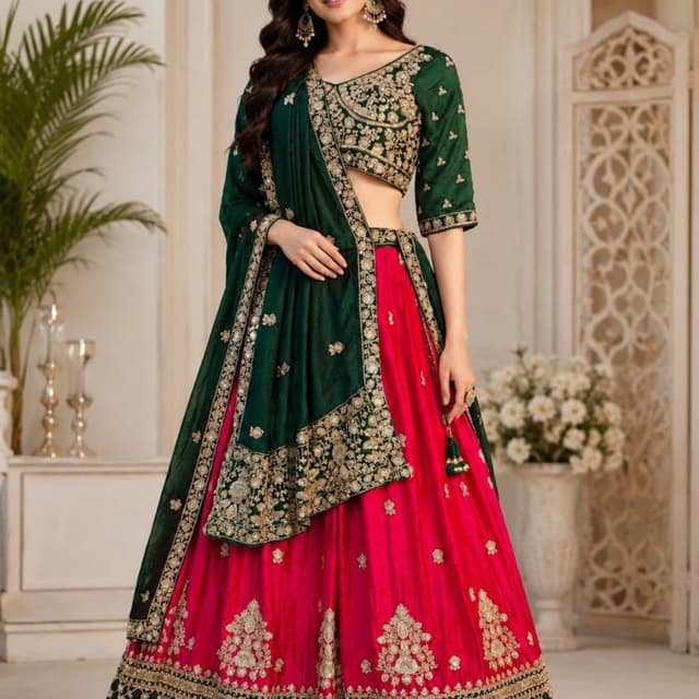Bottle green and magenta pink Lehenga Choli