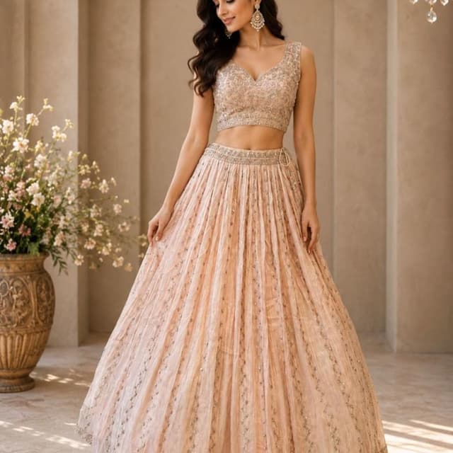 Peach, Champagne, Silver Lehenga Choli