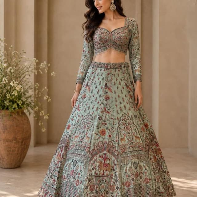 Sage green base with multi-colored floral and fauna embroidery in shades of red, rust, brown, and metallic accents Lehenga Choli