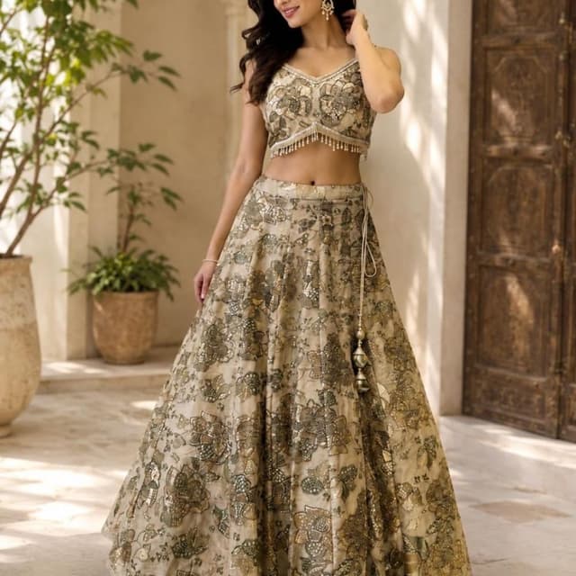 Beige, champagne, olive green, and gold metallic accents Lehenga Choli