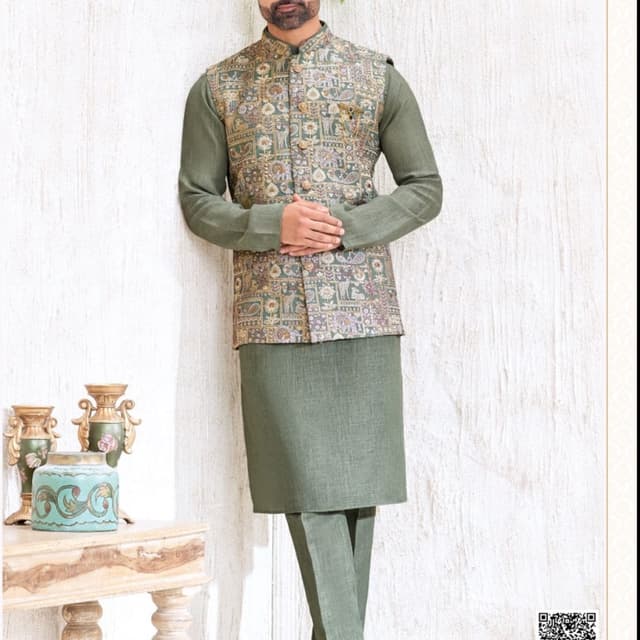 Sage Green, Mustard, Brown, and muted floral tones Kurta Set with Nehru Jacket