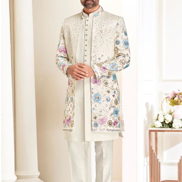 Off-white base with blue, lavender, and gold accents Indo-Western Sherwani Set