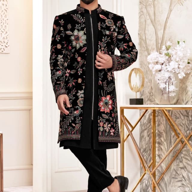 Black base with multi-colored floral embroidery (red, pink, green, cream) Indo-Western Sherwani set