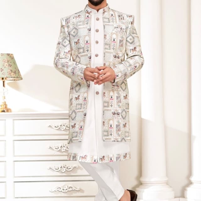 Off-white base with multicolor print details including blue, brown, pink, and green Indo-Western Sherwani Set