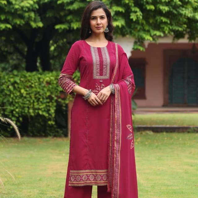 Deep magenta or maroon base with gold and off-white accents Kurta Set with Palazzos and Dupatta
