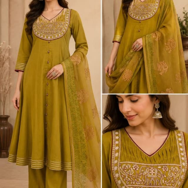 Olive green with accents of maroon and gold thread work Kurta Set with Dupatta