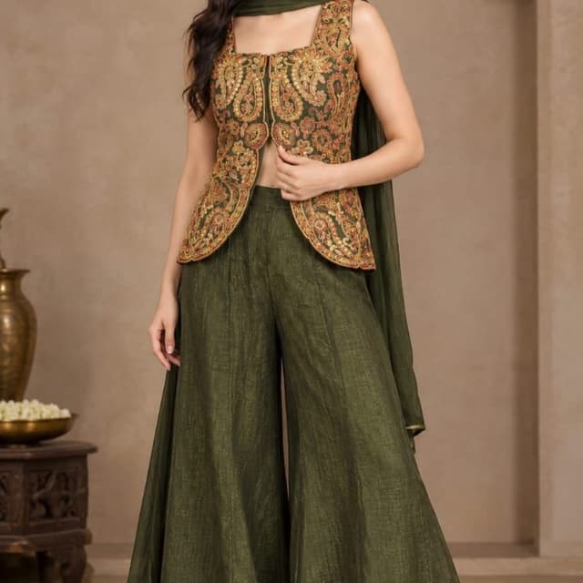 Olive green, rust orange, mustard yellow, and antique gold Indo-Western Co-ord Set