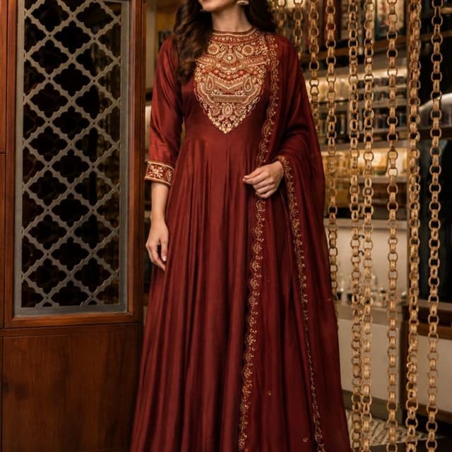 Deep Maroon or Burgundy with Gold accents Anarkali Suit Set