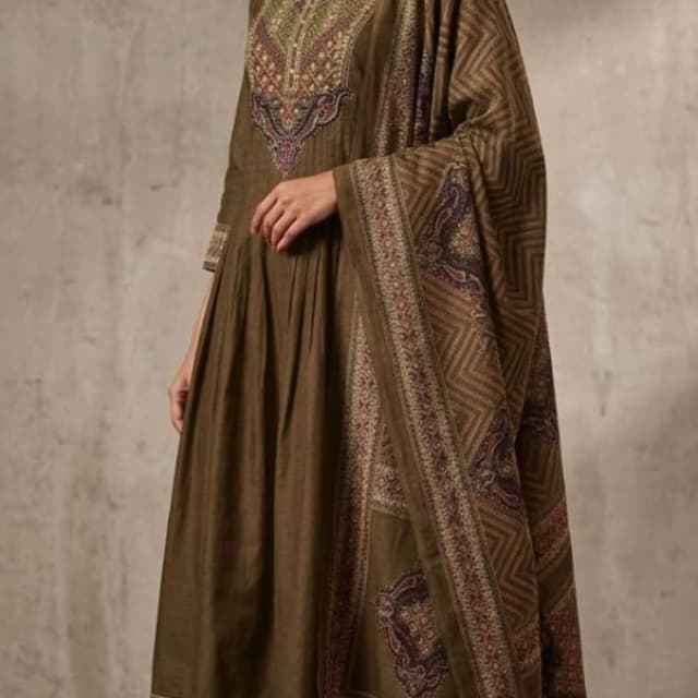 Olive green base with accents of maroon, gold, and earthy tones Salwar Suit Set