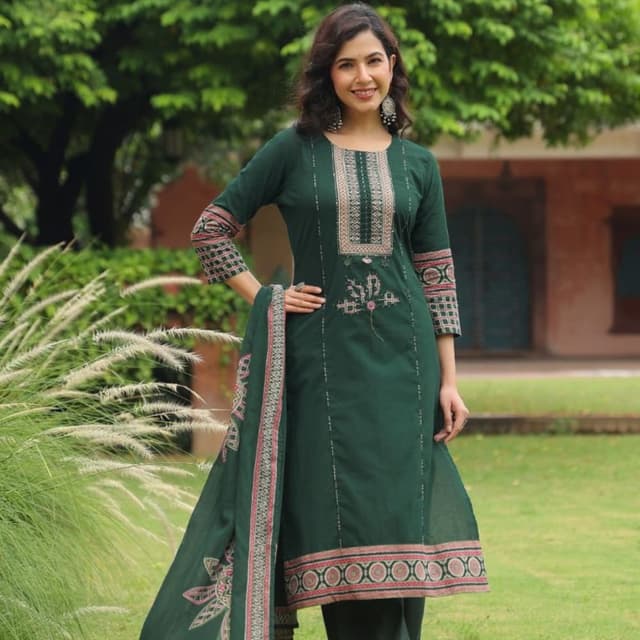 Deep forest green with accents of maroon, peach, and off-white Kurta Set with Dupatta
