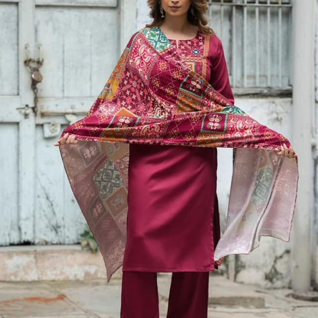 Maroon, Burgundy, Multi-colored (including mustard, teal, and off-white) Salwar Kameez
