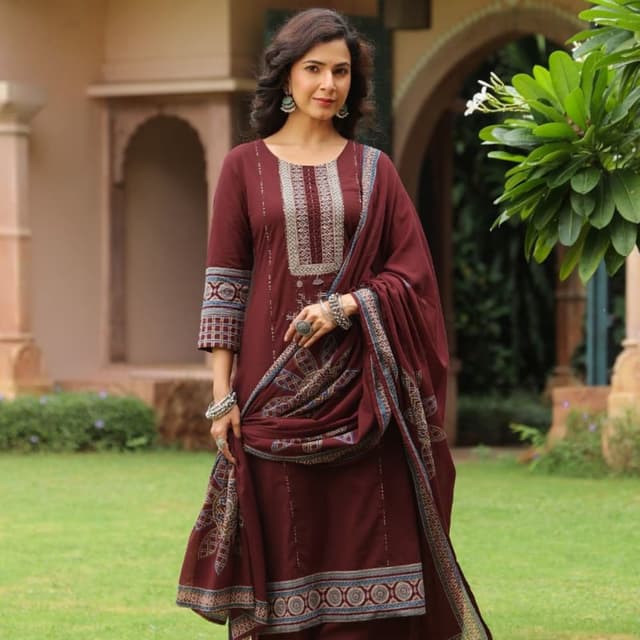 Maroon, Deep Red, accents of Blue and White Kurta Set with Dupatta