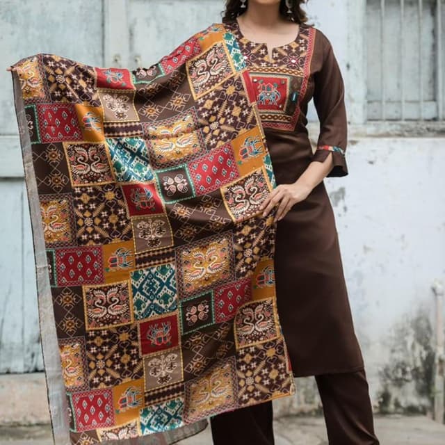 Brown base with multicolored (red, mustard, turquoise, white) accents Kurta set with dupatta