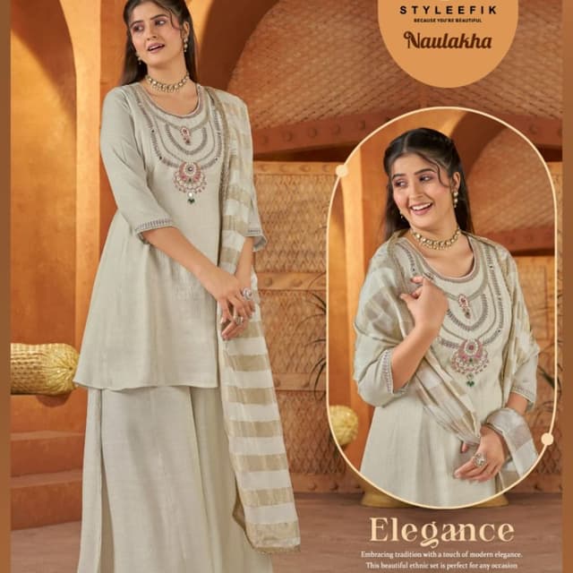 Off-white, cream, gold, subtle pink and green accents in embroidery Kurti with Palazzo and Dupatta Set